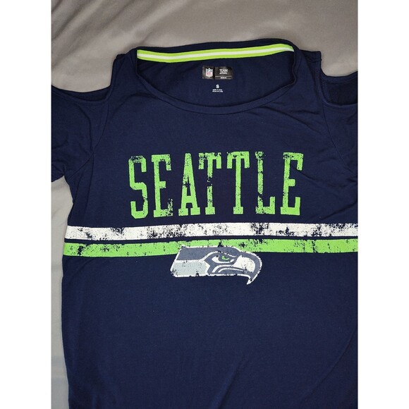 Women's Seattle Seahawks Cold Shoulder Shirt Blue Green Small - Picture 4 of 6